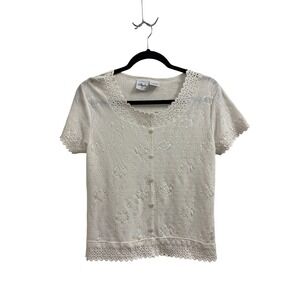 Cardigan Eyelet Studio Women Small White Good Scallop Floral Sparkle Button Top